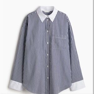 H&M oversized Navy and White Button Down Shirt with Classic Stripes